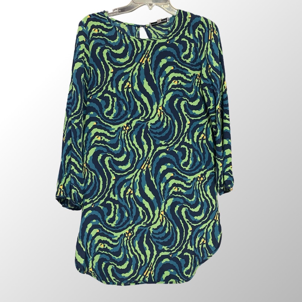 Amanda Uprichard 100% Silk Tunic Shift Dress Blue Green Swirl Print Size Small